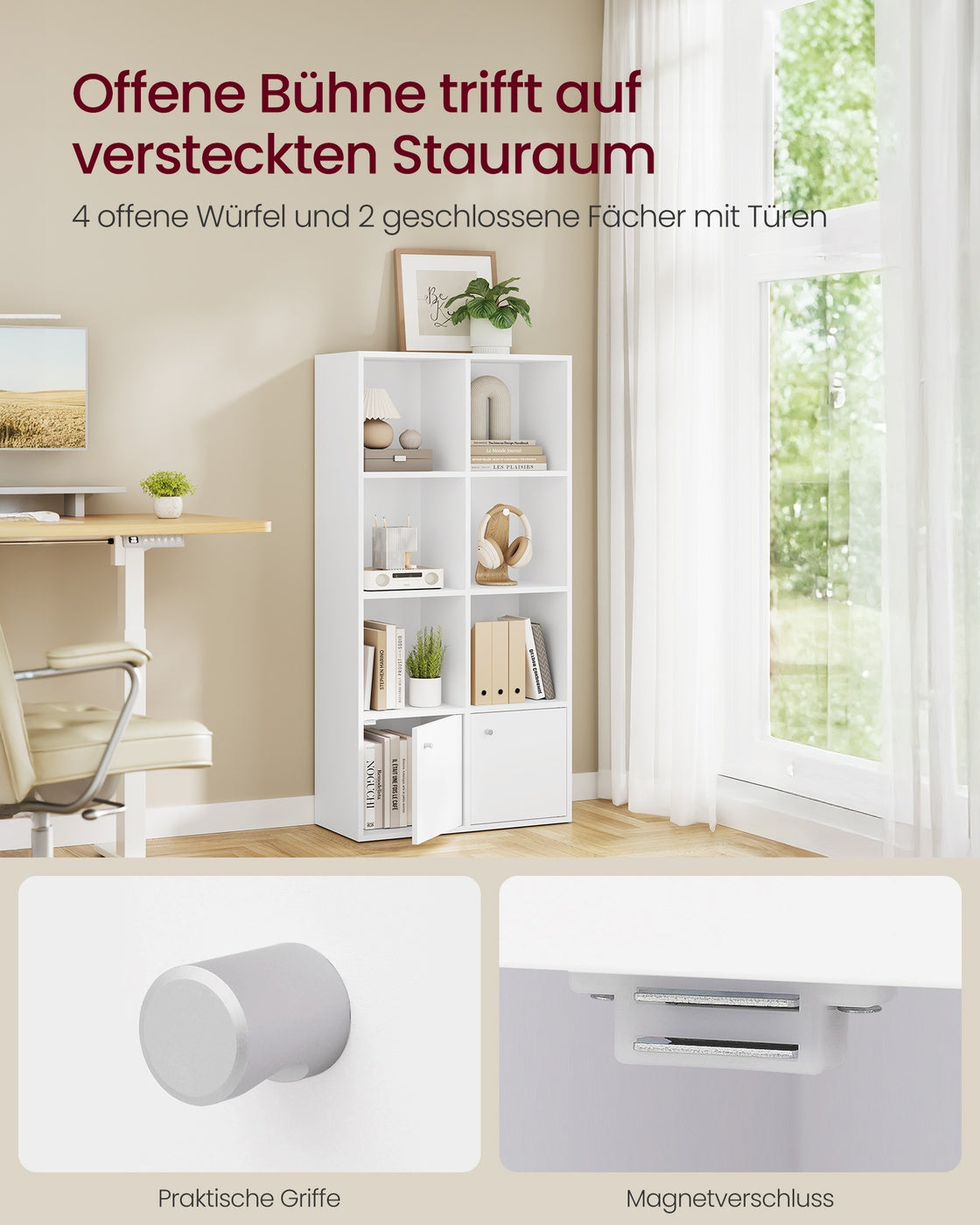 Bücherregal Mit 4 Offenen Ebenen Und 2 Fächern Mit Türen - Für Wohnzimmer Oder Schlafzimmer