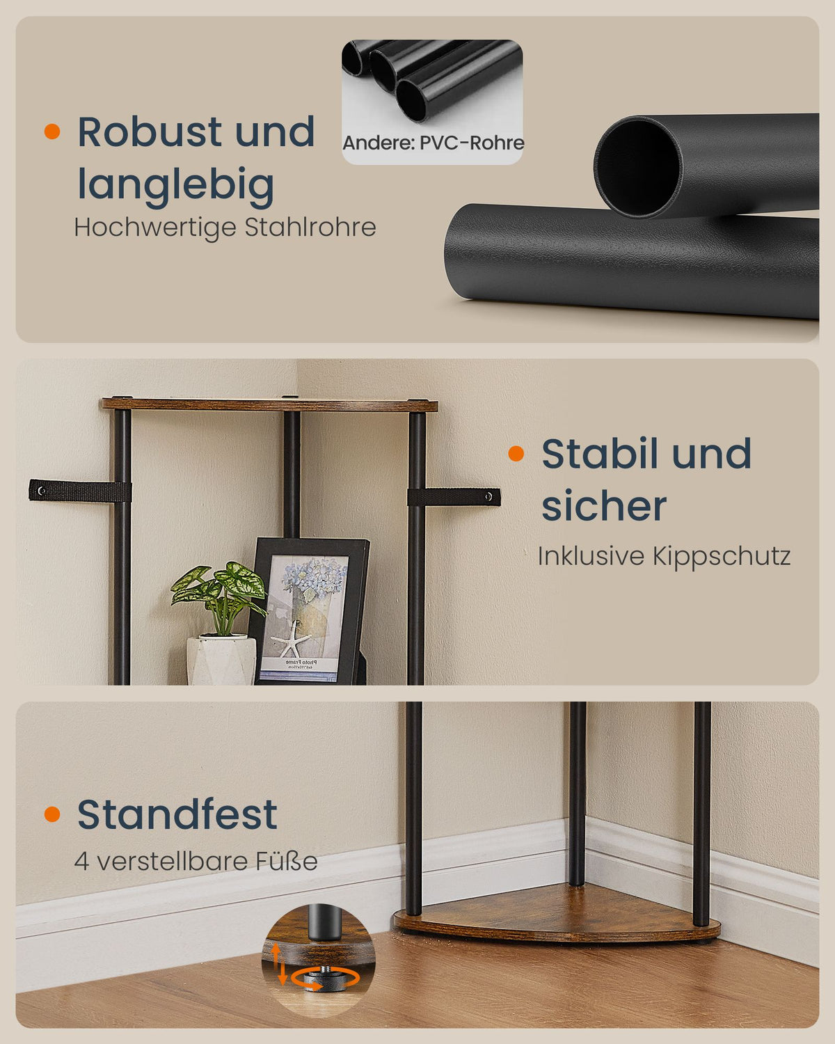 Regal – Eckregal – 5 Ebenen – Spanplatte und Stahl – 38,3 x 27 x 139 cm – Maximale Belastbarkeit 50 kg