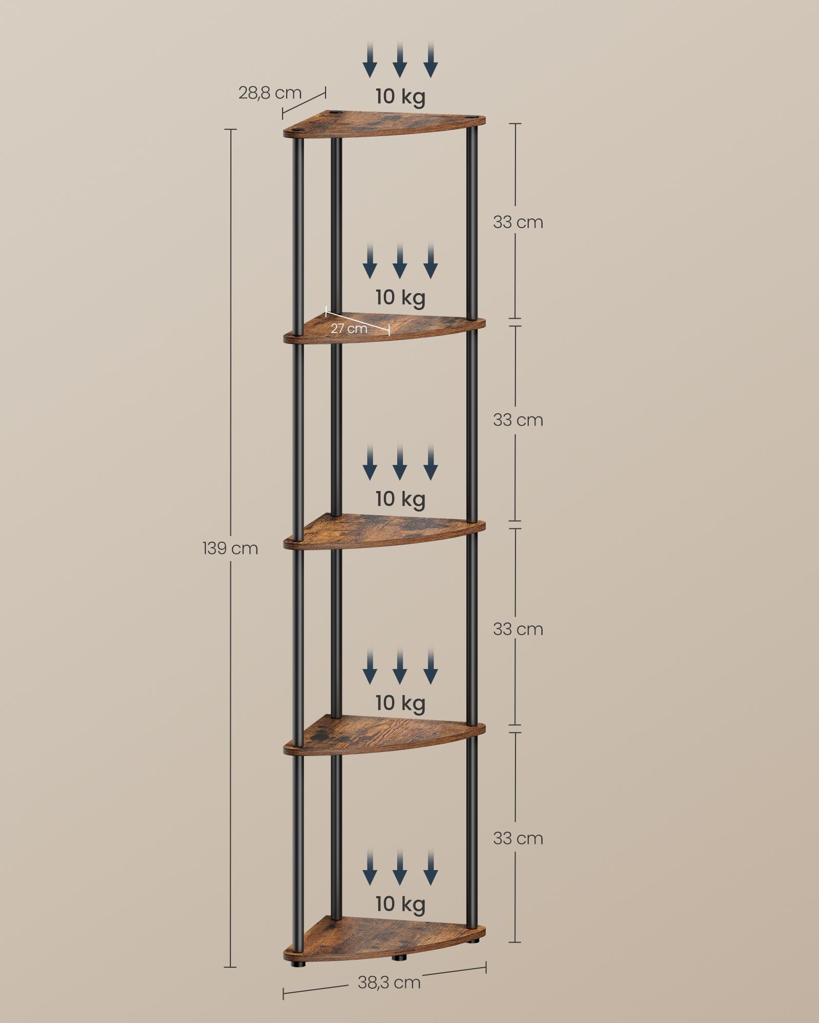 Regal – Eckregal – 5 Ebenen – Spanplatte und Stahl – 38,3 x 27 x 139 cm – Maximale Belastbarkeit 50 kg
