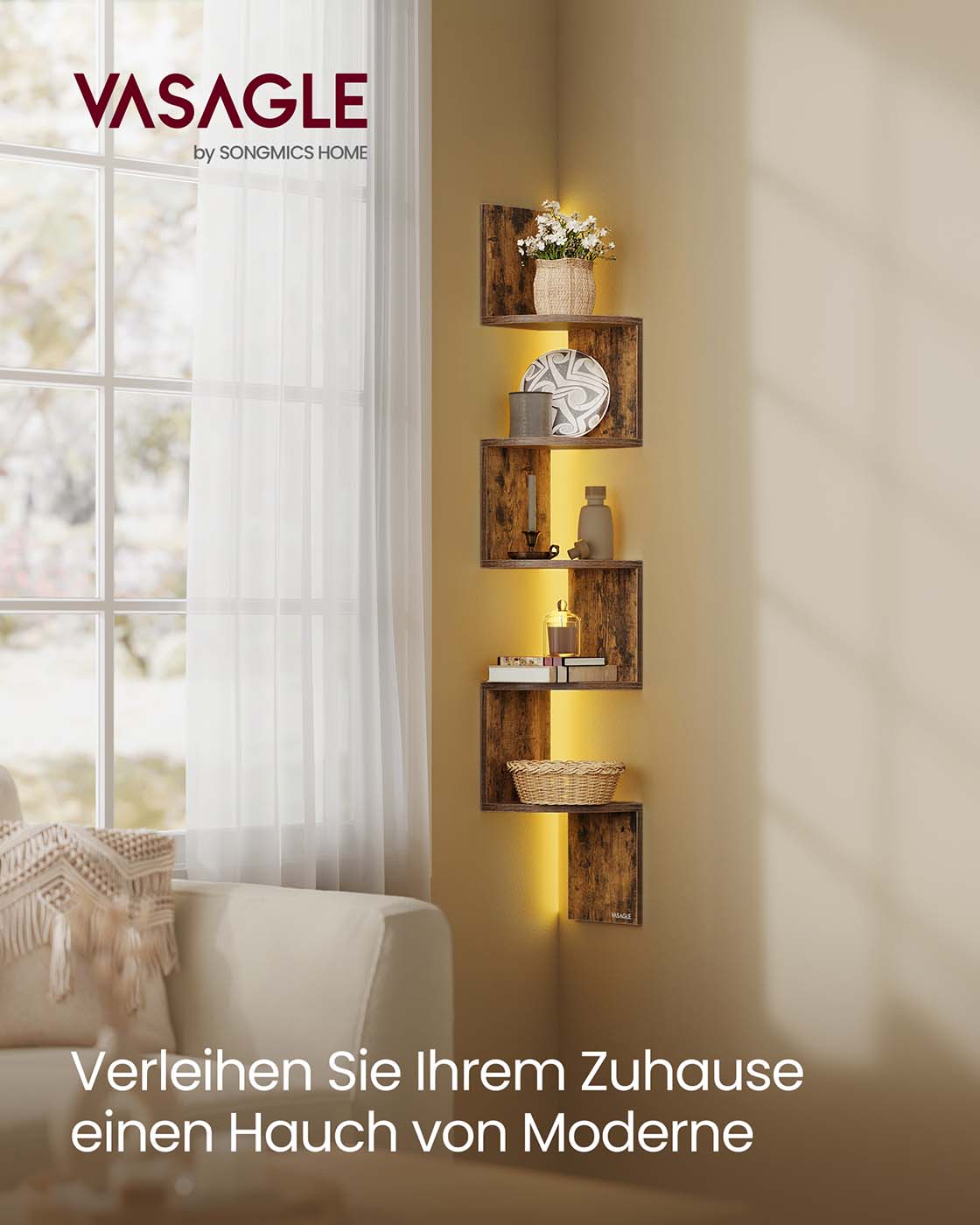 Eckregal mit LED-Beleuchtung und Zickzack-Design – 5 Ebenen, Ambientebeleuchtung und platzsparendes Design