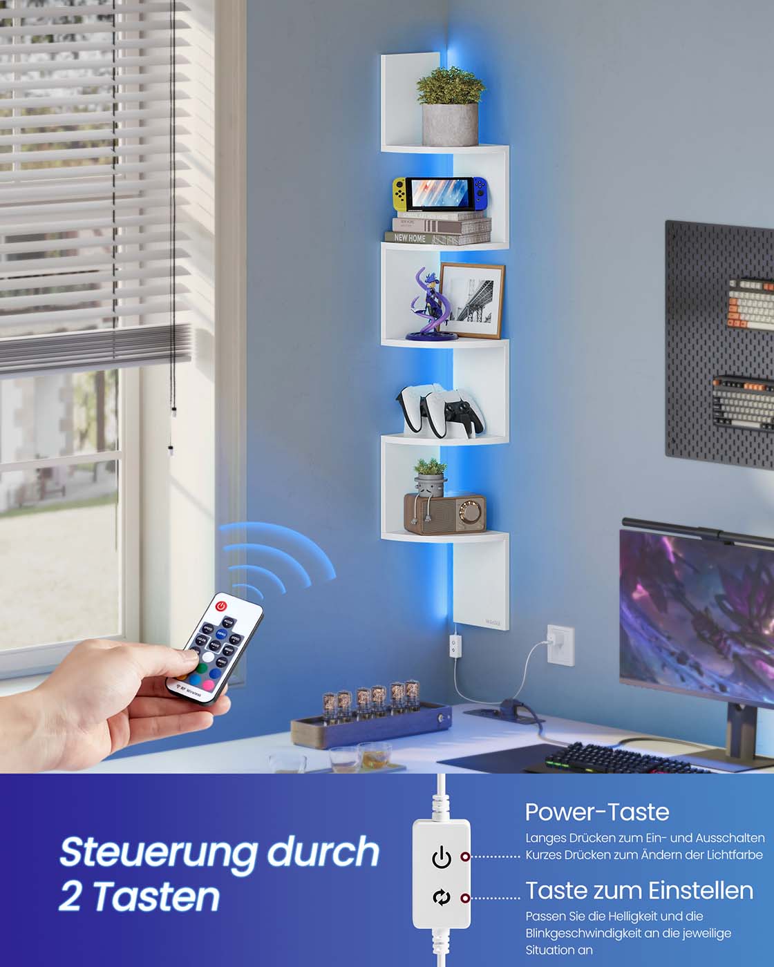 Eckregal mit LED-Beleuchtung und Zickzack-Design – 5 Ebenen, Ambientebeleuchtung und platzsparendes Design