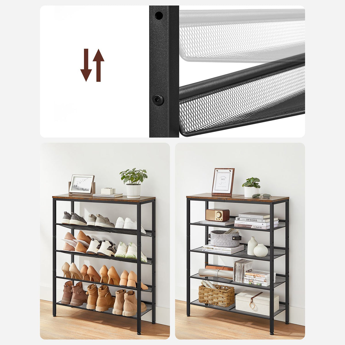 Schuhregal 5 Ebenen – Industrieller Schuhschrank – Schuhregal für 20-25 Paar – 75 x 28 x 93 cm
