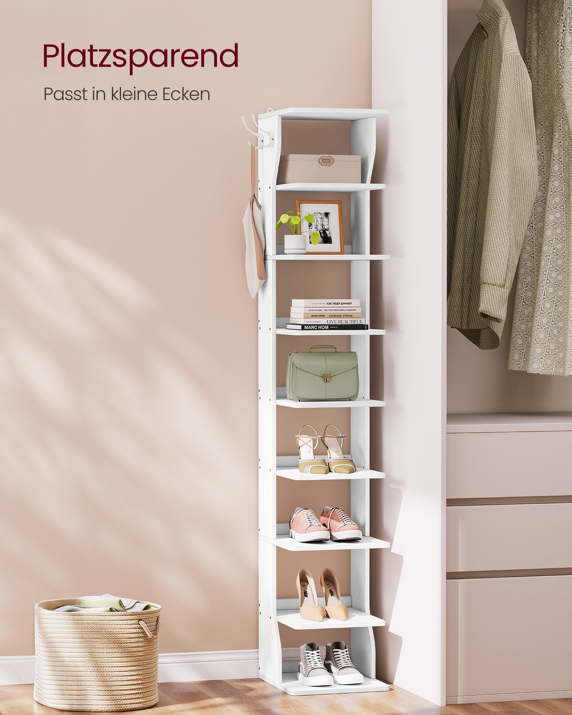 Schmale Schuhablage – 9 Ebenen – Mit Haken – Kompaktes Design – 147 cm hoch – Für Flur oder Schlafzimmer