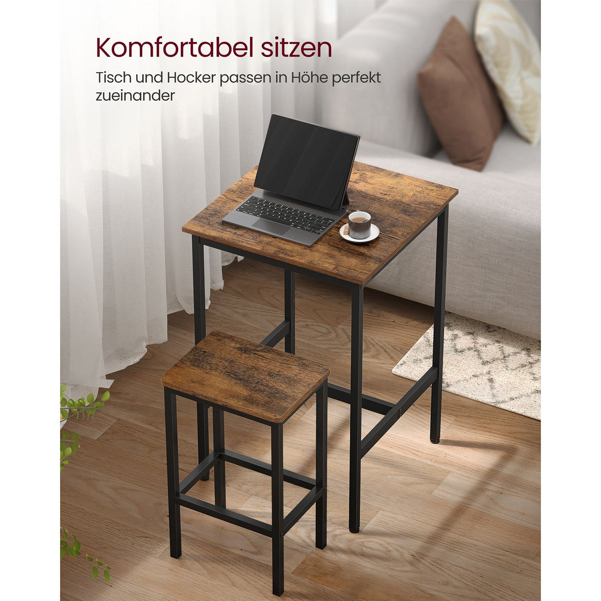 Esstische – Esstisch Mit 2 Stühlen – Kleiner Küchentisch 60 x 60 x 90 cm – Barhocker 30 x 40 x 65 cm – Industrielles Design