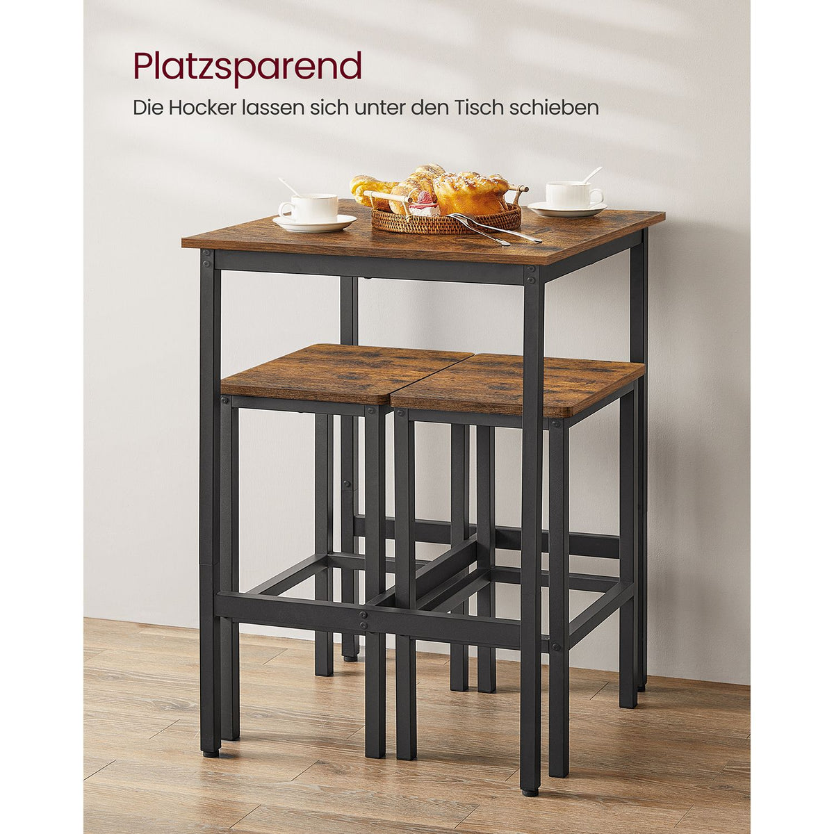 Esstische – Esstisch Mit 2 Stühlen – Kleiner Küchentisch 60 x 60 x 90 cm – Barhocker 30 x 40 x 65 cm – Industrielles Design