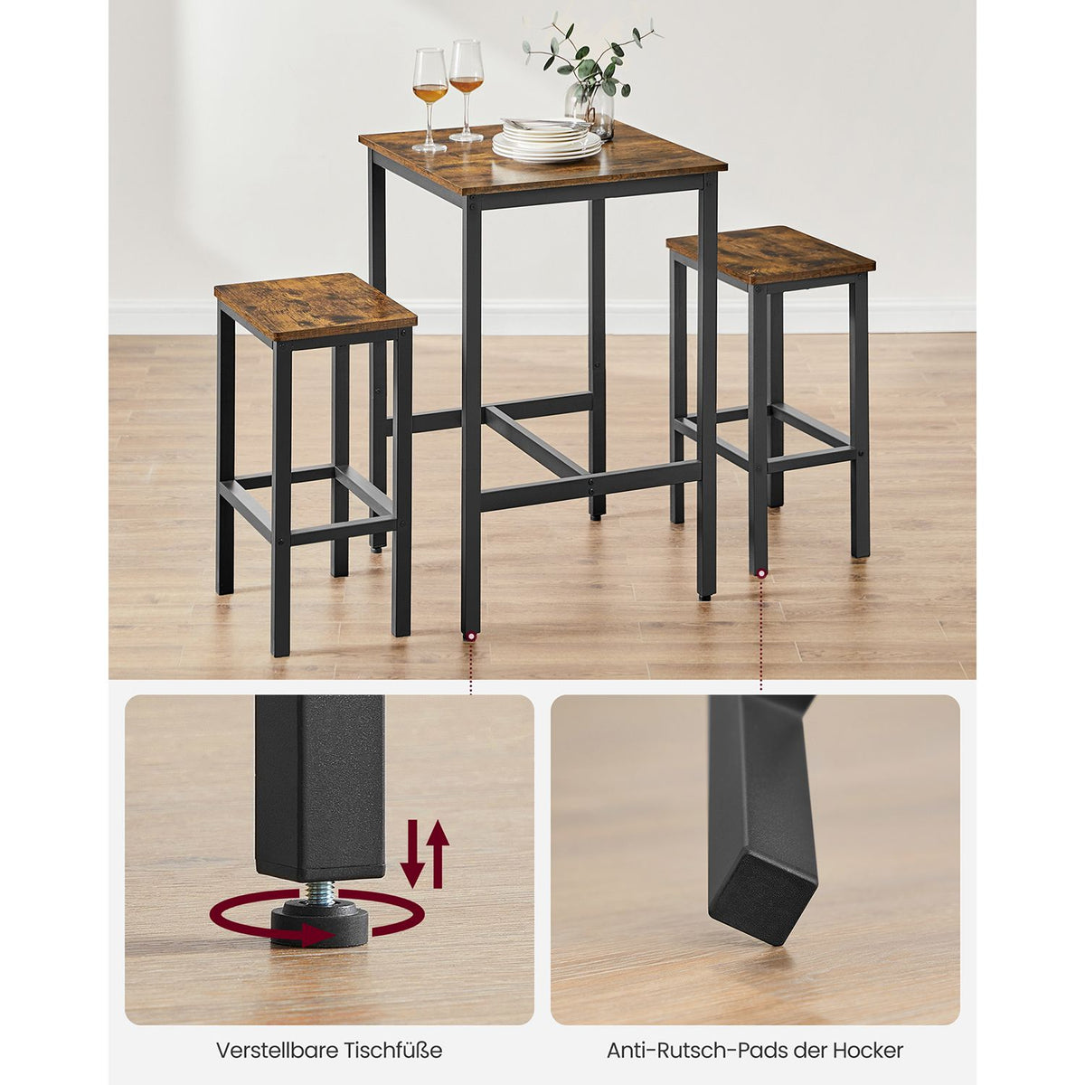Esstische – Esstisch Mit 2 Stühlen – Kleiner Küchentisch 60 x 60 x 90 cm – Barhocker 30 x 40 x 65 cm – Industrielles Design