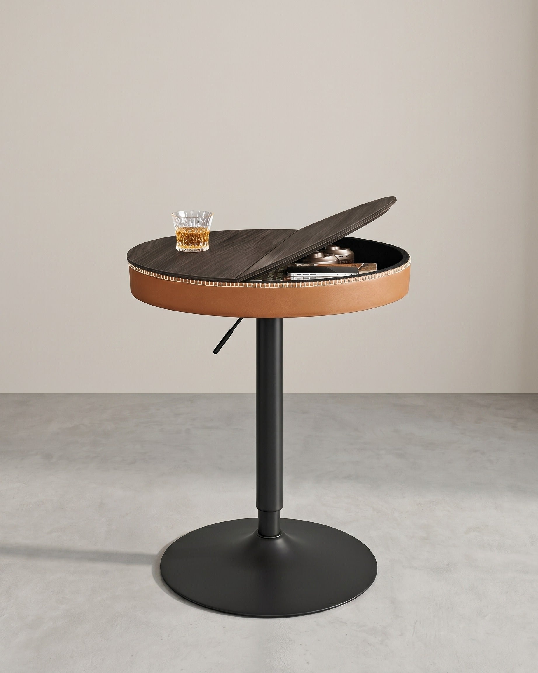 Stehtisch mit Stauraum - Höhenverstellbar (83-105 cm) - Runder Designtisch – Braun