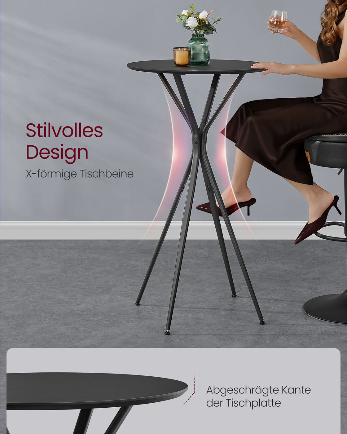 Schwarzer Stehtisch mit X-Beinen – 60 x 60 x 105 cm – Metallgestell – MDF-Tischplatte – Bis 50 kg belastbar