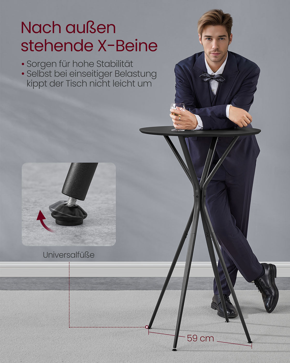 Schwarzer Stehtisch mit X-Beinen – 60 x 60 x 105 cm – Metallgestell – MDF-Tischplatte – Bis 50 kg belastbar