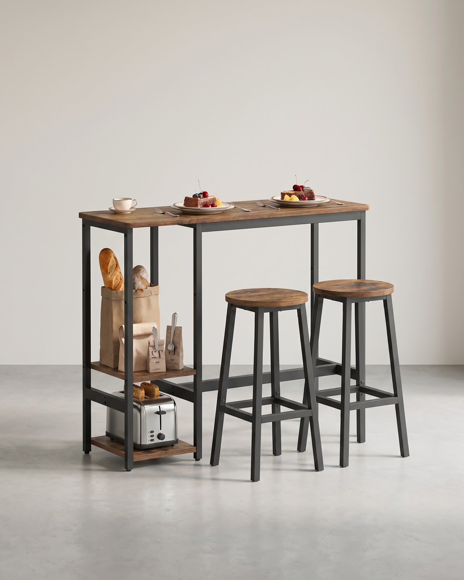 Bartisch mit 2 Barhockern – Essgruppe mit Ablagefach – Industriedesign – Kompaktes und robustes Design