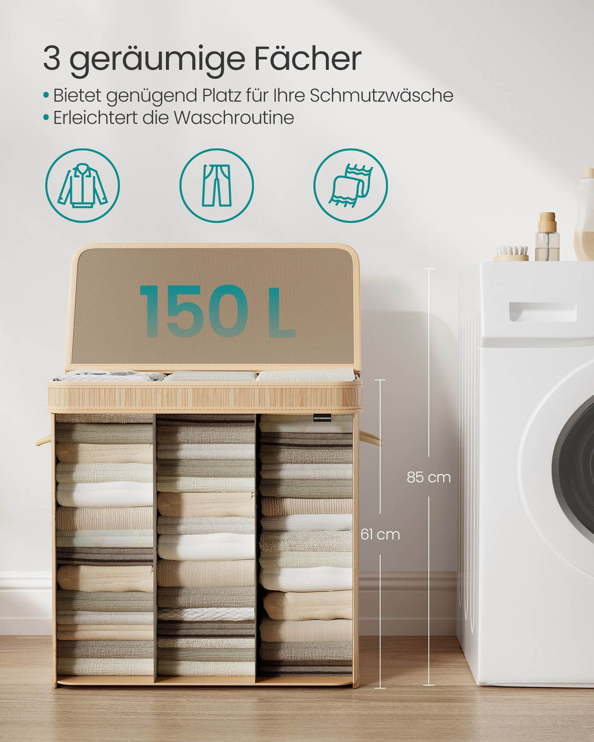 Wäschekorb mit Deckel – 100 Liter – Bambus – Herausnehmbarer Wäschesack – Griffe