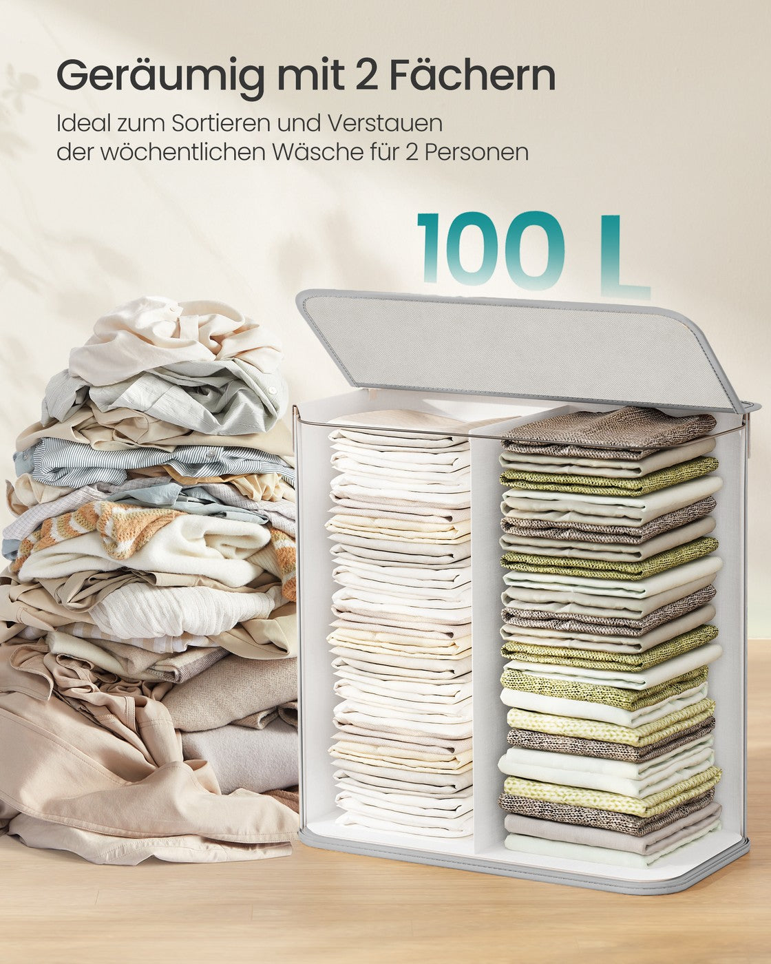 Wäschekorb Mit 2 Fächern 100 L - Bambus Mit Deckel Und Herausnehmbarem Wäschesack - Für Waschraum