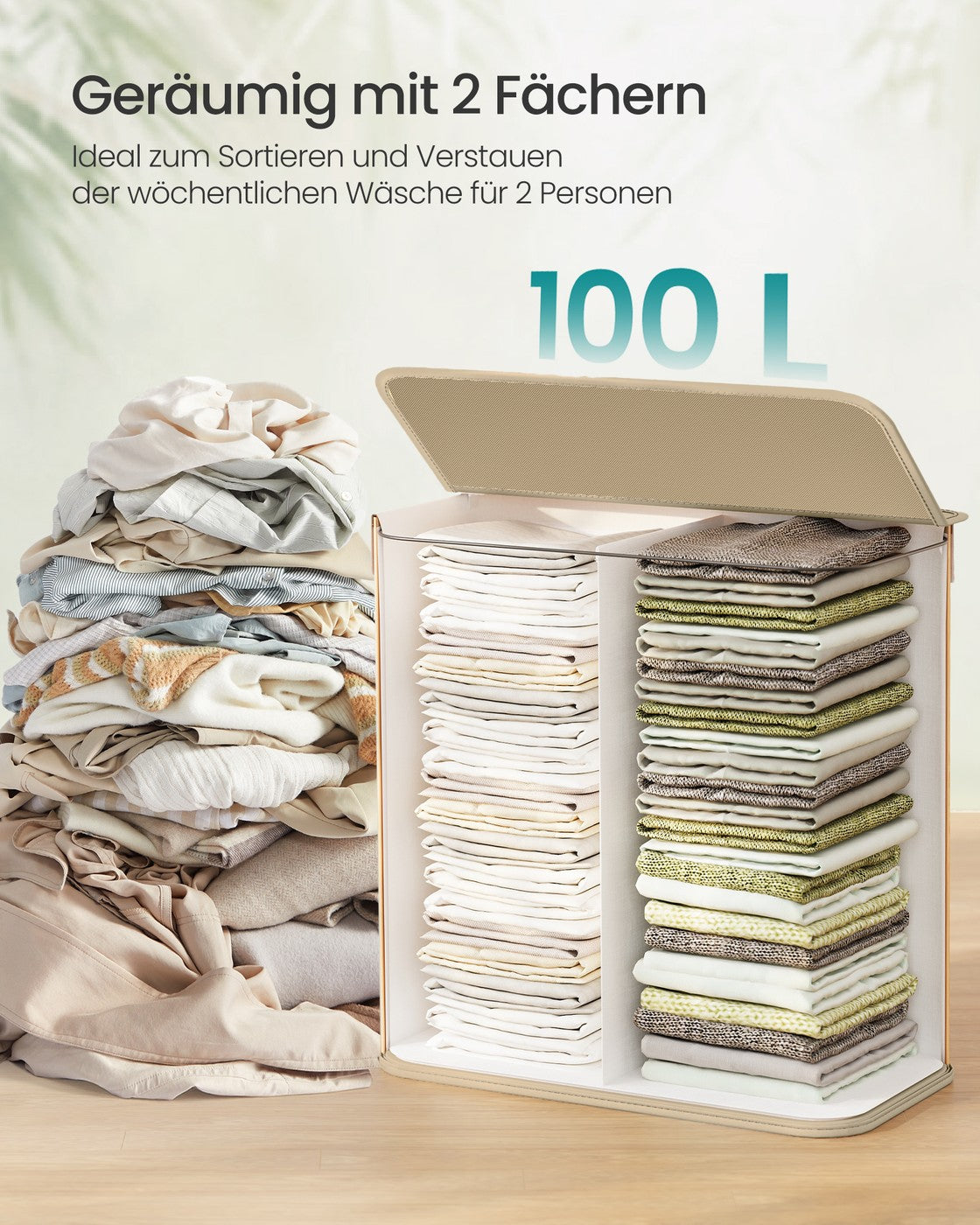 Wäschekorb – Bambus – 2 Fächer – Faltbar – 95 Liter