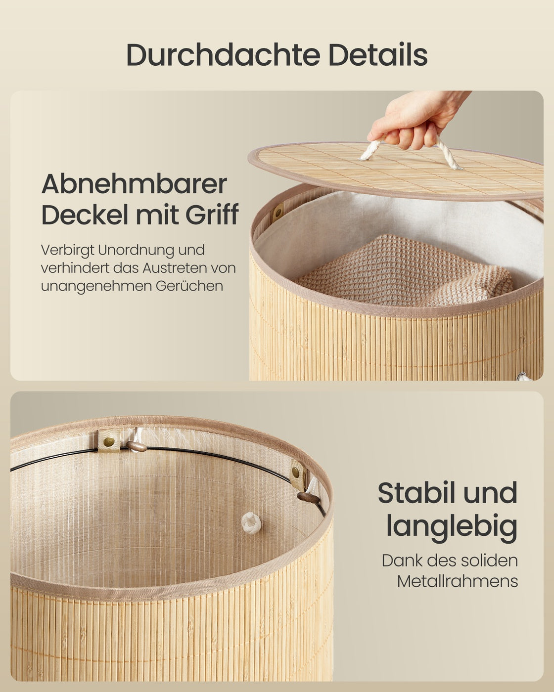 Wäschekorb – Bambus – Rechteckig – Klappbar – 60 Liter – Herausnehmbarer Wäschesack
