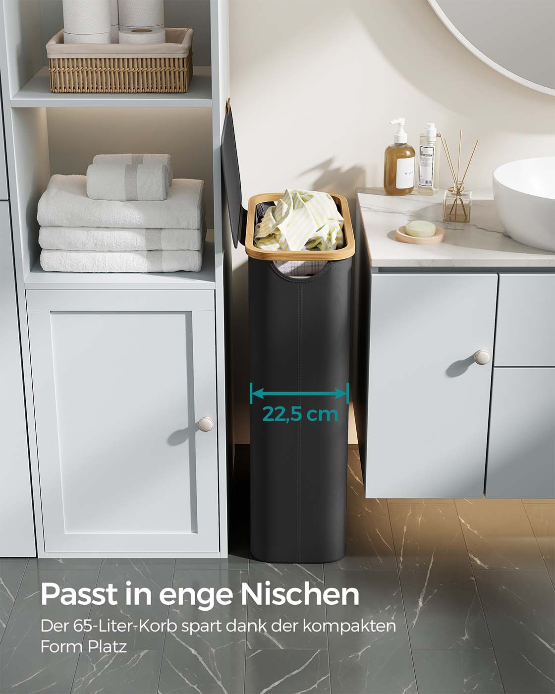 Wäschekorb – 65 Liter – Deckel – Faltbar – Herausnehmbarer Wäschesack – 600D Oxford-Stoff – Bambusgriffe
