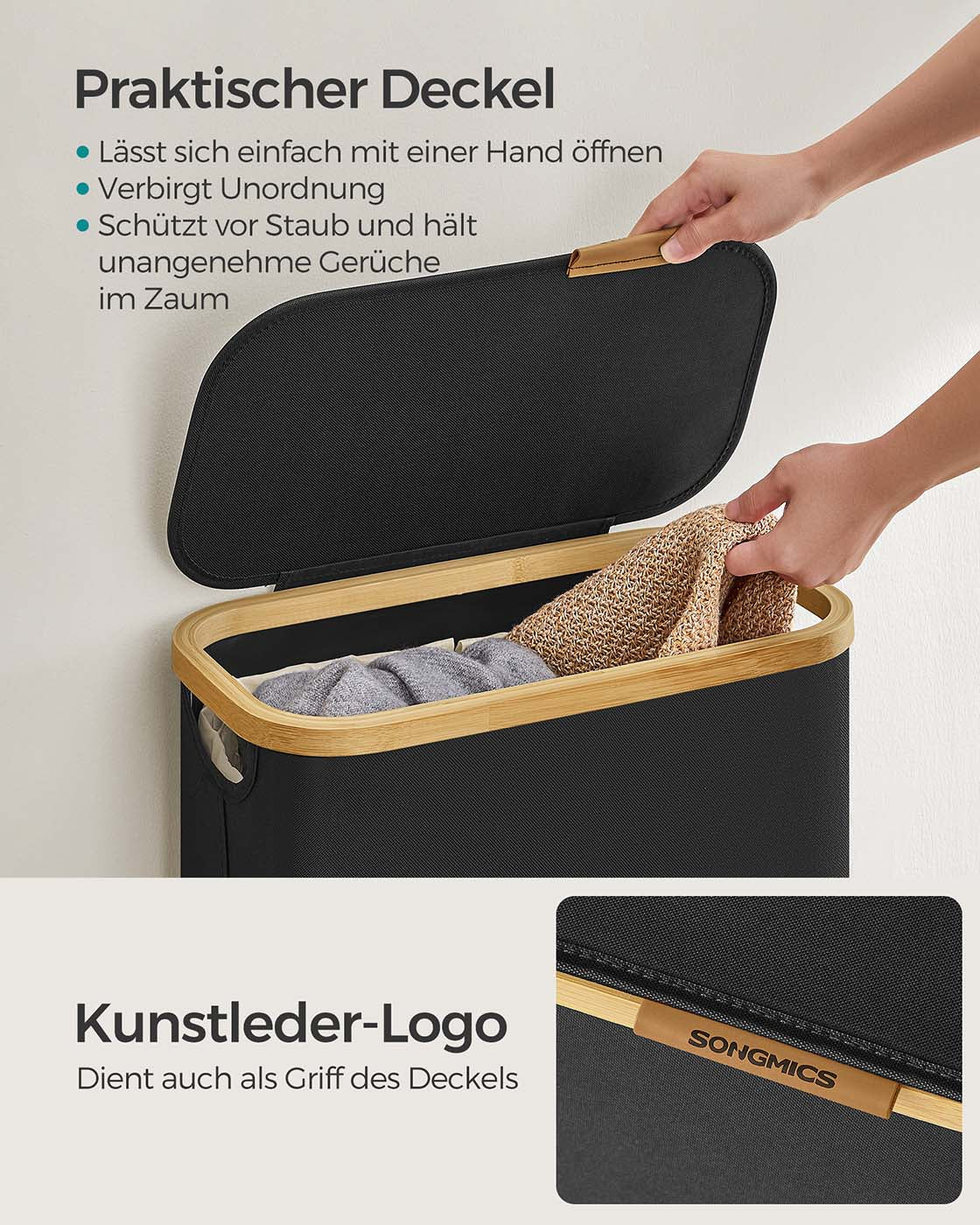 Wäschekorb – 65 Liter – Deckel – Faltbar – Herausnehmbarer Wäschesack – 600D Oxford-Stoff – Bambusgriffe