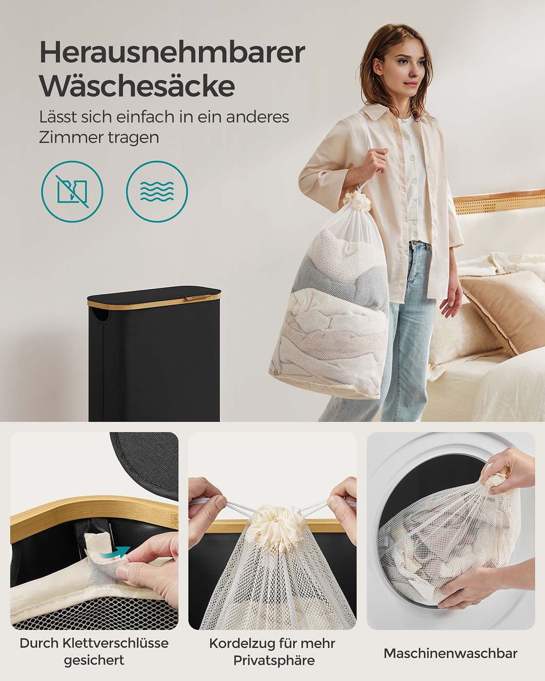 Wäschekorb – 65 Liter – Deckel – Faltbar – Herausnehmbarer Wäschesack – 600D Oxford-Stoff – Bambusgriffe