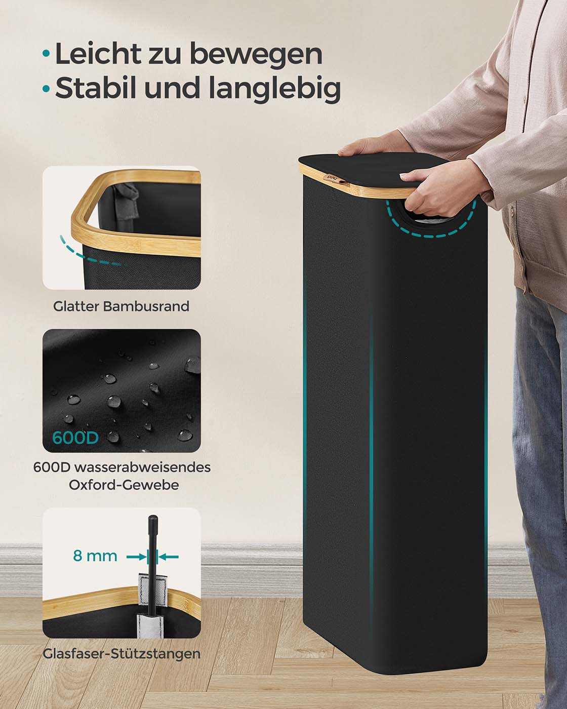 Wäschekorb – 65 Liter – Deckel – Faltbar – Herausnehmbarer Wäschesack – 600D Oxford-Stoff – Bambusgriffe