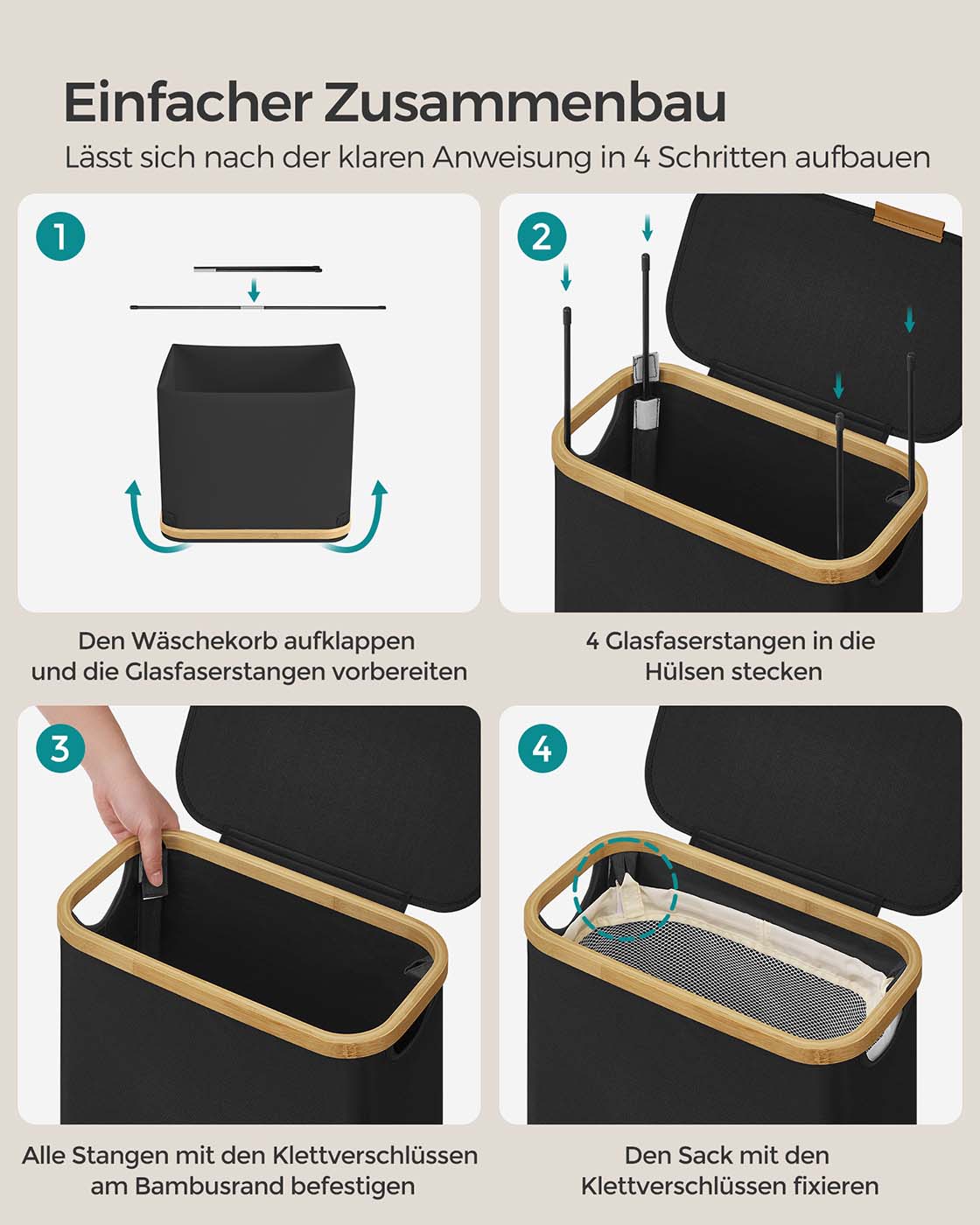Wäschekorb – 65 Liter – Deckel – Faltbar – Herausnehmbarer Wäschesack – 600D Oxford-Stoff – Bambusgriffe