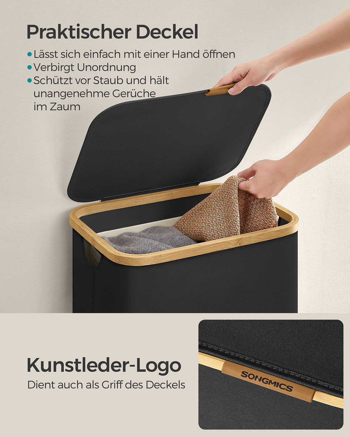 Wäschekorb – 90 Liter – Herausnehmbarer Wäschesack – Faltbar – Oxford-Stoff – Bambusgriffe – 42 x 32 x 70,5 cm – 1,5 kg