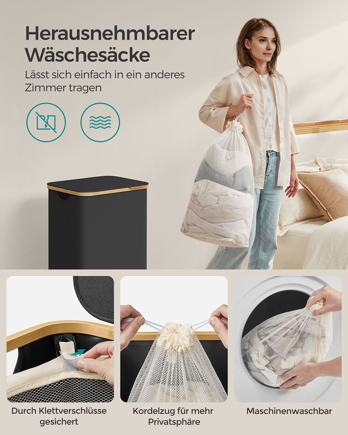 Wäschekorb – 90 Liter – Herausnehmbarer Wäschesack – Faltbar – Oxford-Stoff – Bambusgriffe – 42 x 32 x 70,5 cm – 1,5 kg