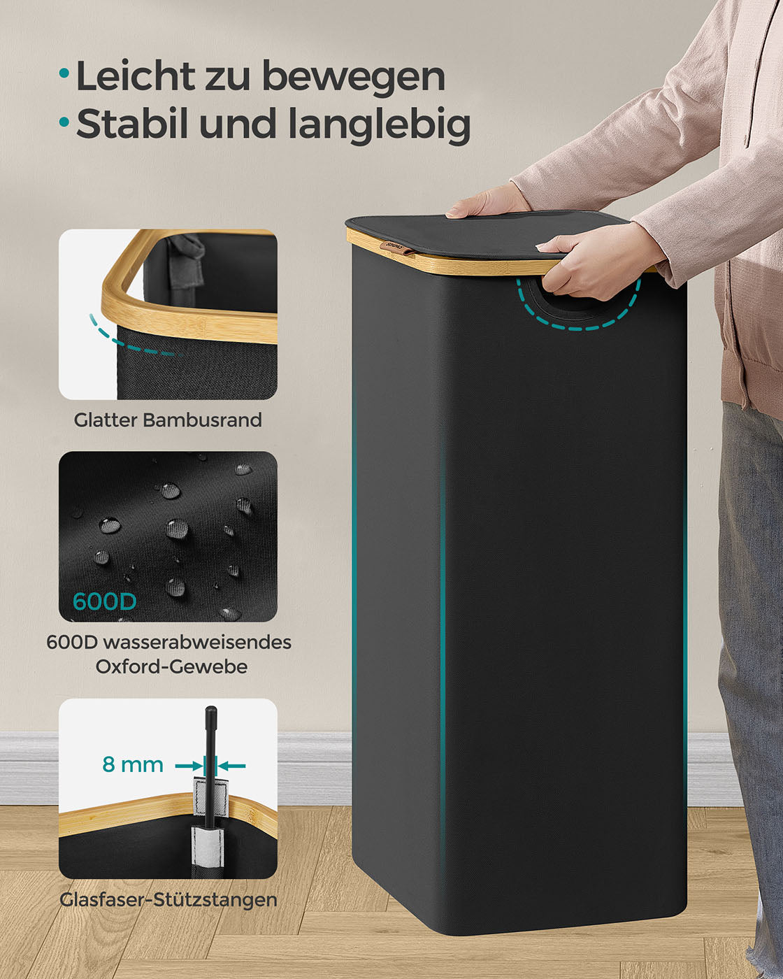 Wäschekorb – 90 Liter – Herausnehmbarer Wäschesack – Faltbar – Oxford-Stoff – Bambusgriffe – 42 x 32 x 70,5 cm – 1,5 kg