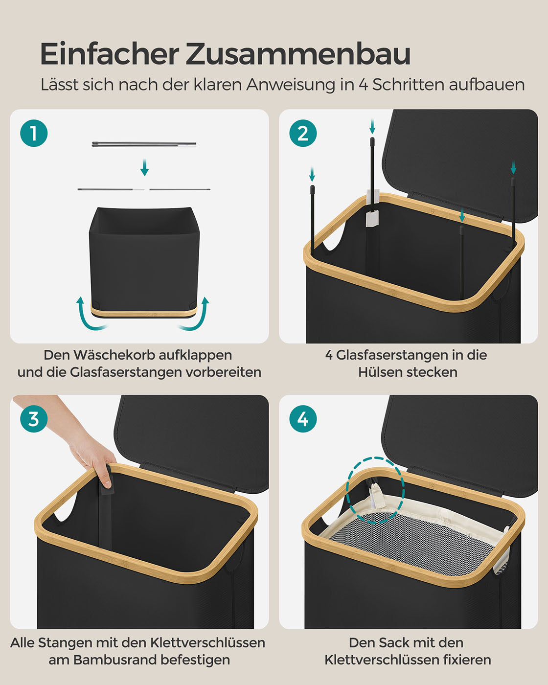 Wäschekorb – 90 Liter – Herausnehmbarer Wäschesack – Faltbar – Oxford-Stoff – Bambusgriffe – 42 x 32 x 70,5 cm – 1,5 kg