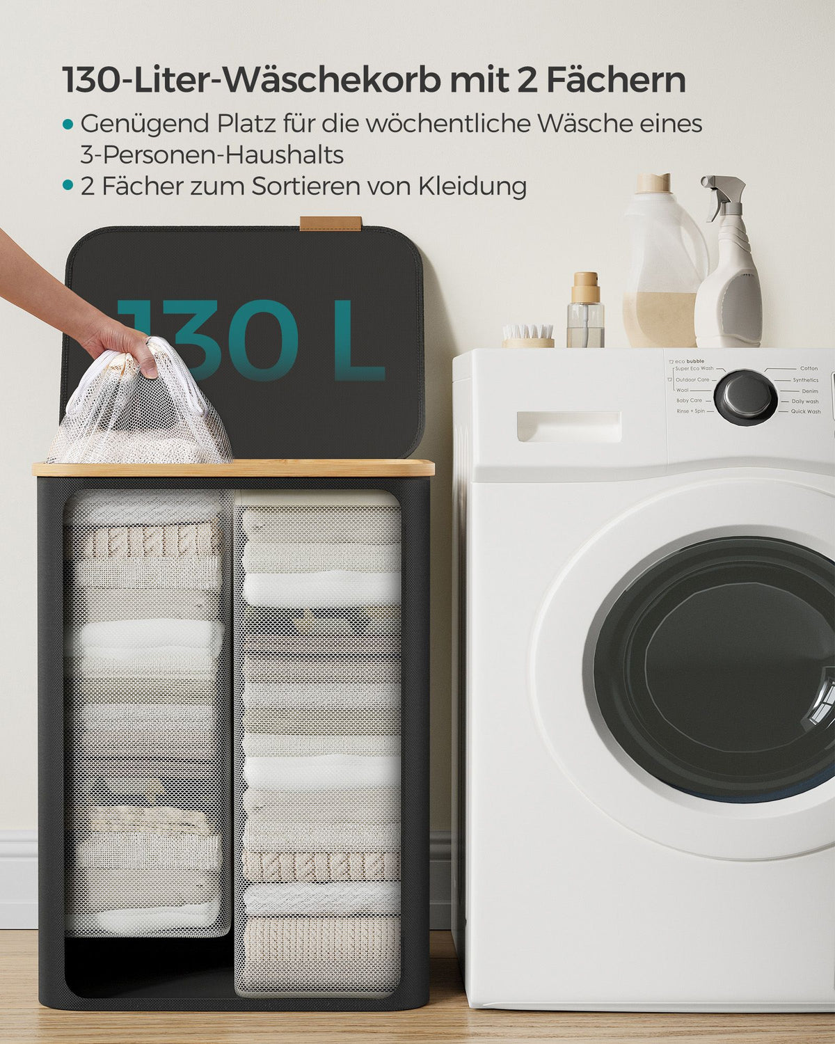 Wäschekorb – 2 Fächer – Deckel – Faltbar – Oxford-Stoff – Bambusgriffe