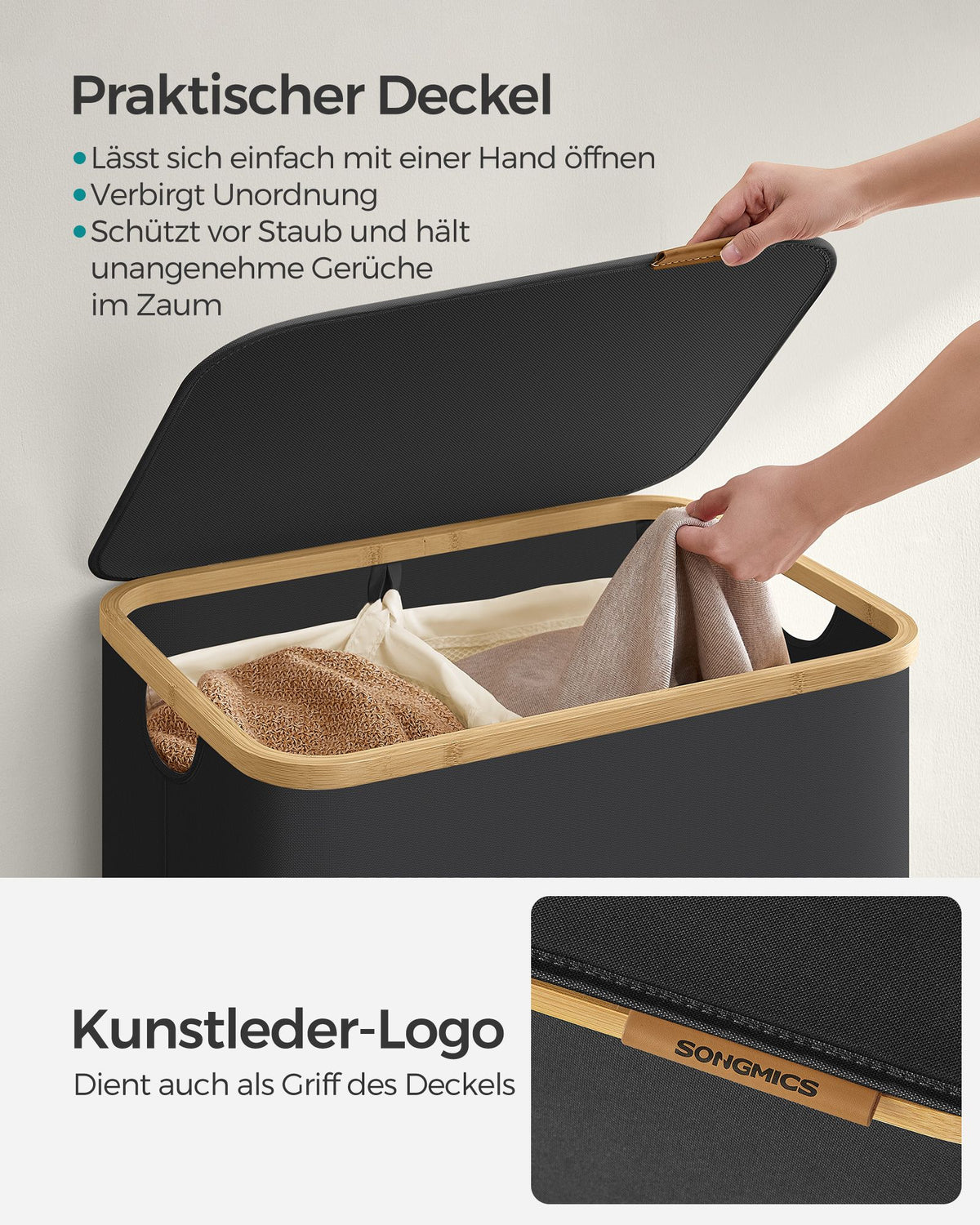 Wäschekorb – 2 Fächer – Deckel – Faltbar – Oxford-Stoff – Bambusgriffe