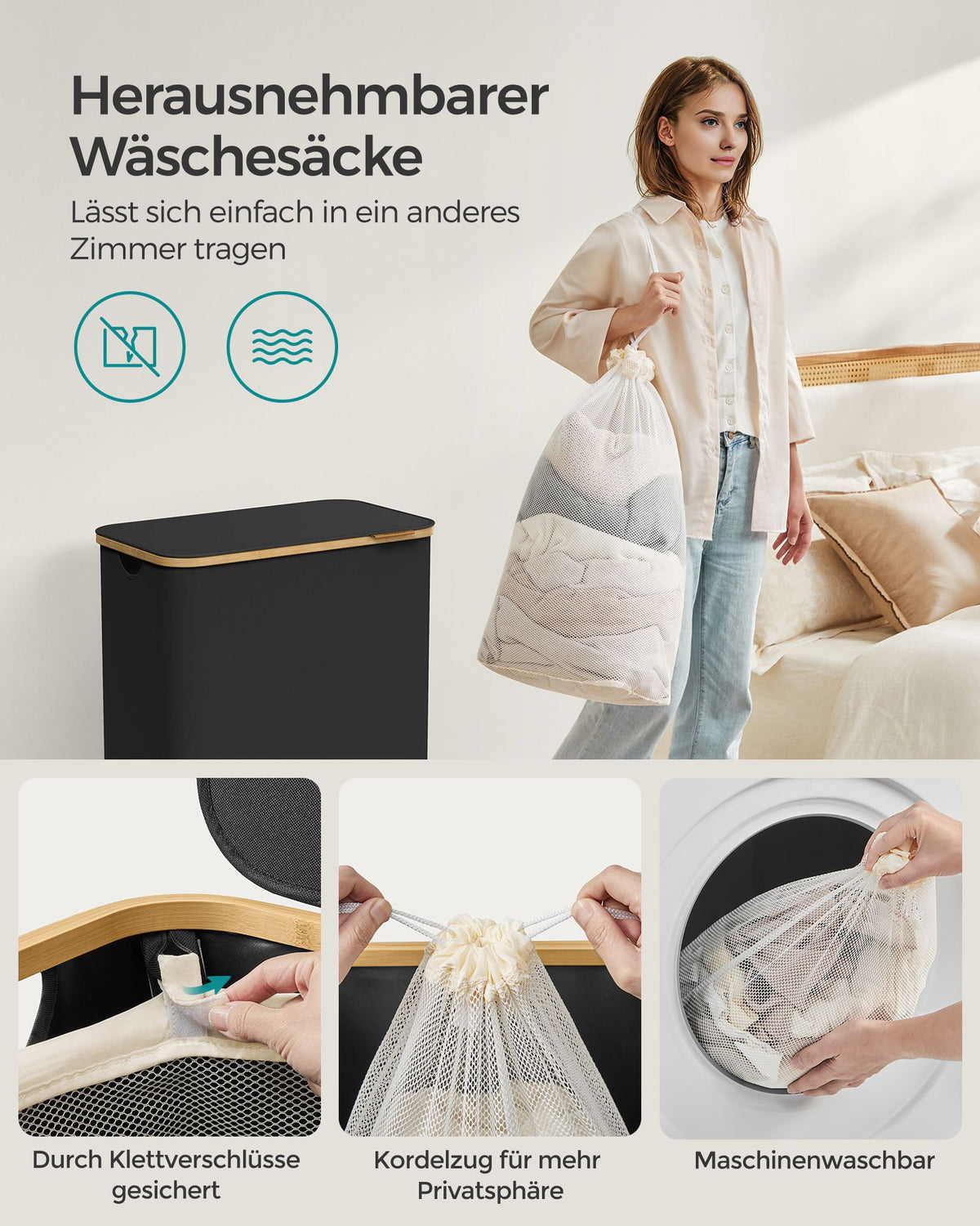 Wäschekorb – 2 Fächer – Deckel – Faltbar – Oxford-Stoff – Bambusgriffe