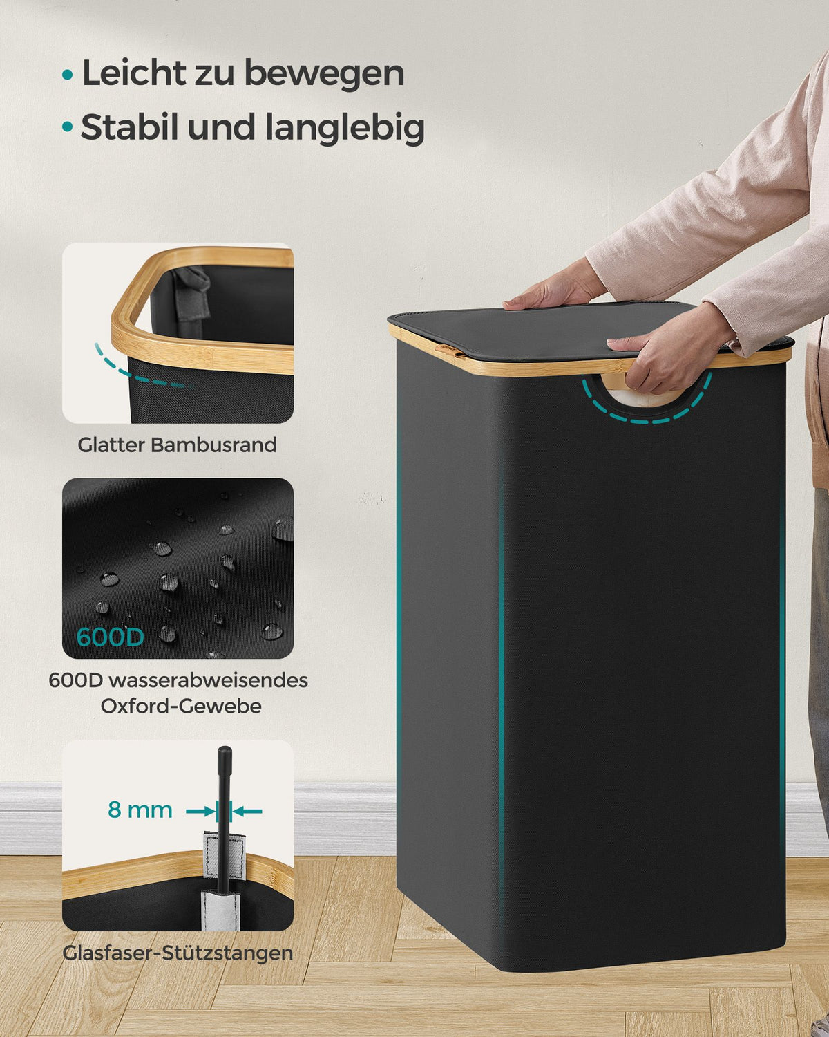 Wäschekorb – 2 Fächer – Deckel – Faltbar – Oxford-Stoff – Bambusgriffe