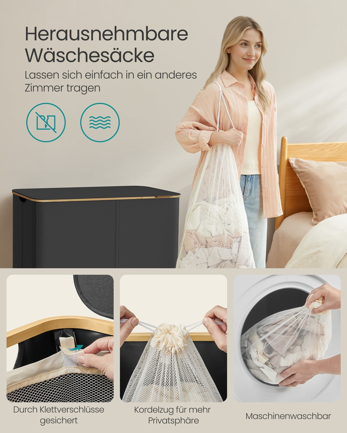 Wäschekorb – Faltbar – Herausnehmbarer Wäschesack – Oxford-Stoff – Bambusgriffe