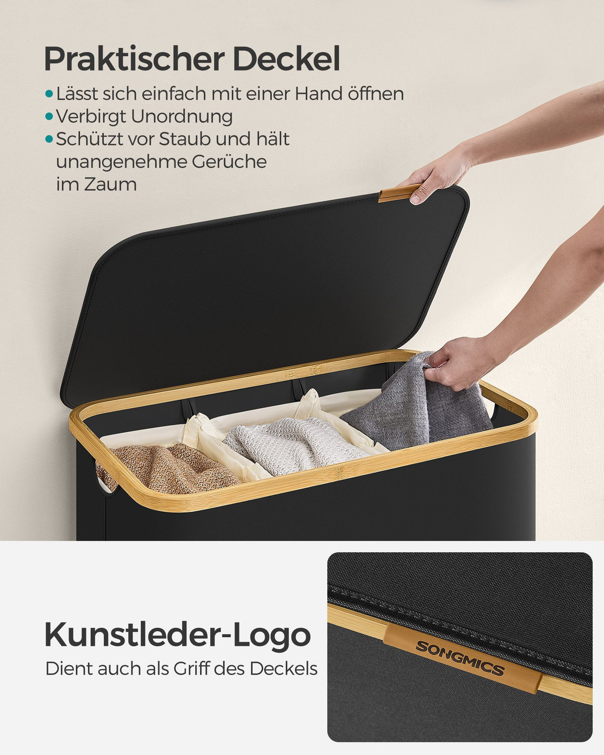 Wäschekorb – 3 Fächer – Deckel – Faltbar – Oxford-Gewebe – Bambusgriffe – 60 x 38,5 x 70,5 cm – 2,4 kg – Tragkraft: 20 kg