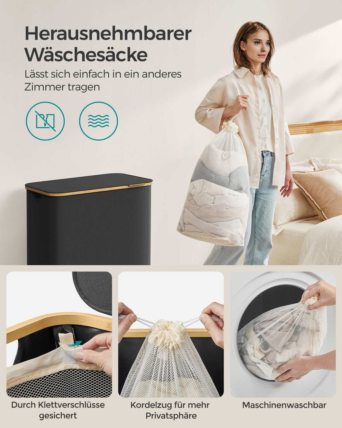 Wäschekorb – 3 Fächer – Deckel – Faltbar – Oxford-Gewebe – Bambusgriffe – 60 x 38,5 x 70,5 cm – 2,4 kg – Tragkraft: 20 kg