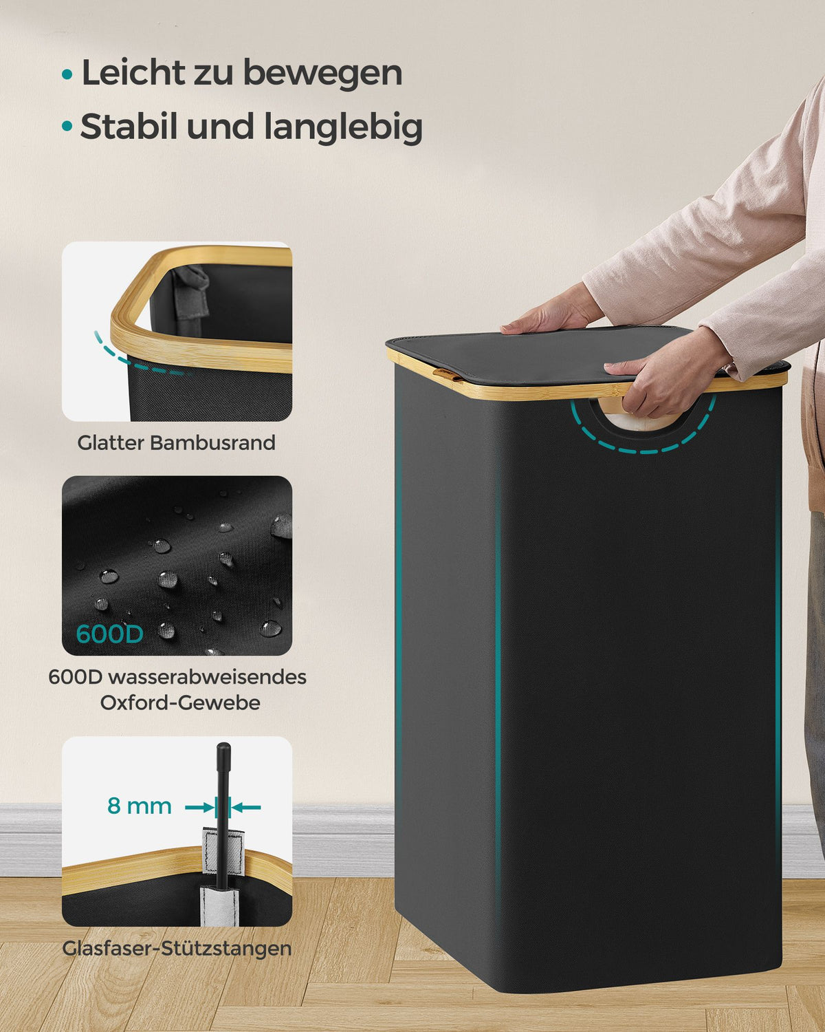 Wäschekorb – 3 Fächer – Deckel – Faltbar – Oxford-Gewebe – Bambusgriffe – 60 x 38,5 x 70,5 cm – 2,4 kg – Tragkraft: 20 kg