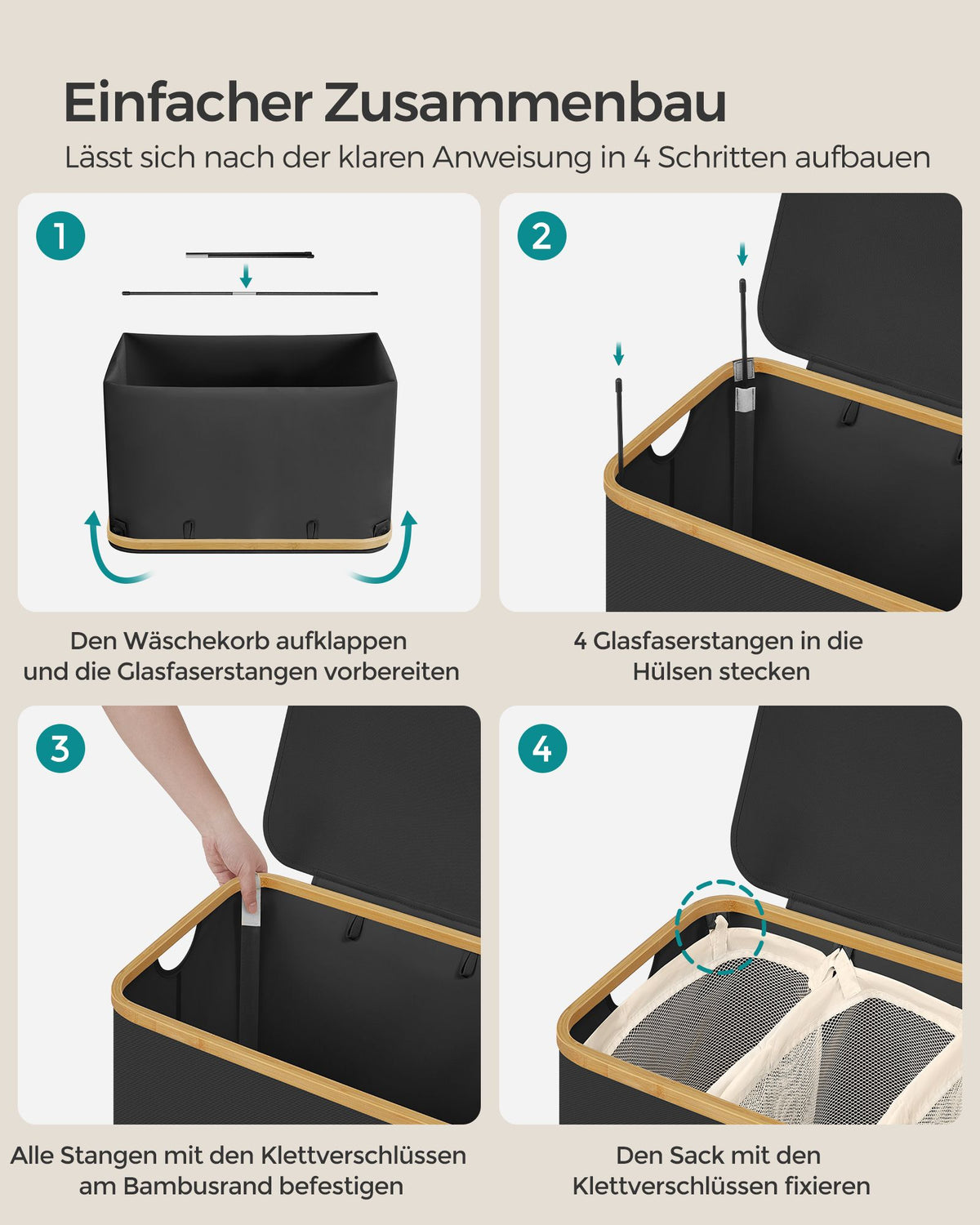 Wäschekorb – 3 Fächer – Deckel – Faltbar – Oxford-Gewebe – Bambusgriffe – 60 x 38,5 x 70,5 cm – 2,4 kg – Tragkraft: 20 kg
