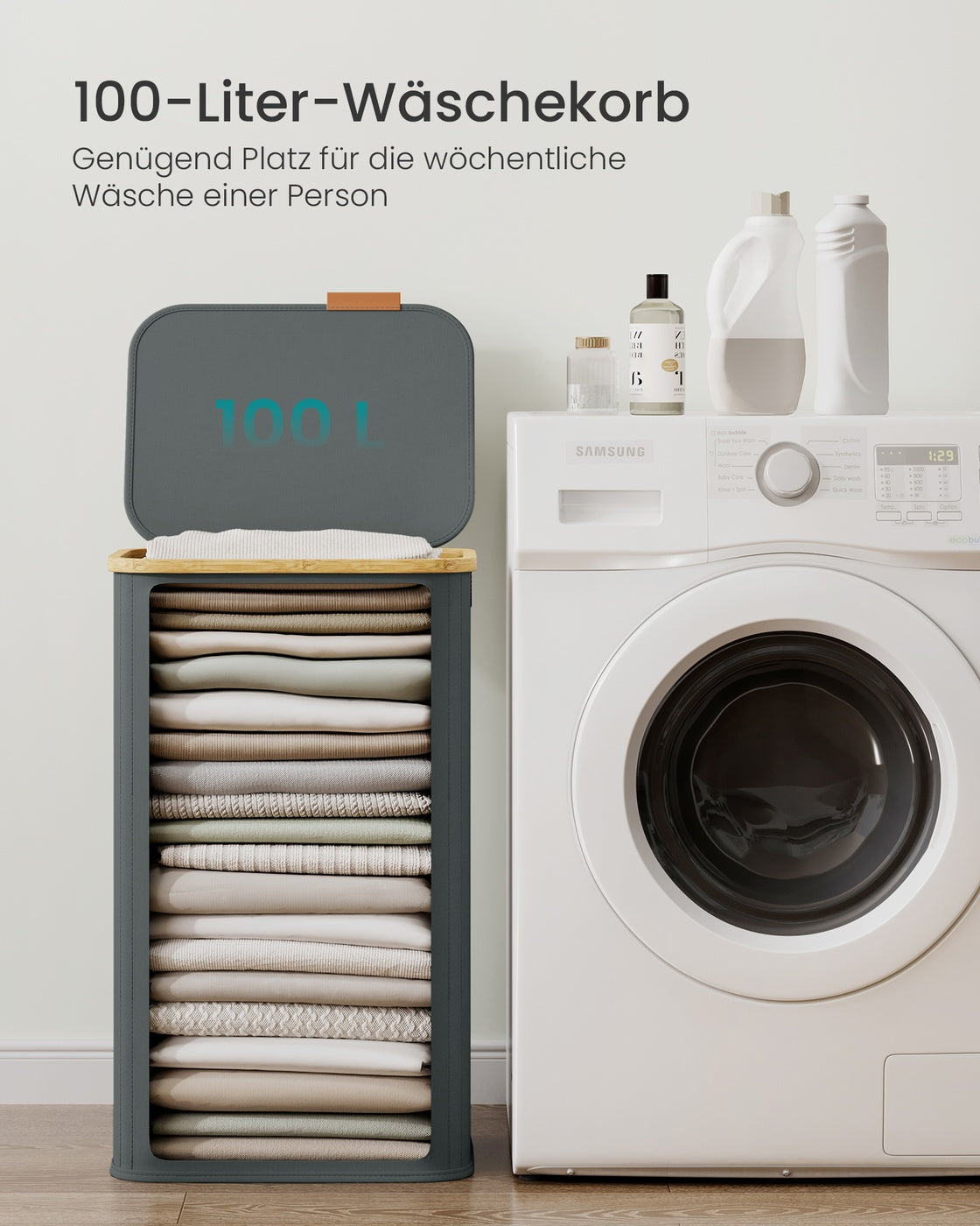 Wäschekorb 100L - Oxford-Stoff Mit Deckel - Kompakt Für Kleinen Haushalt
