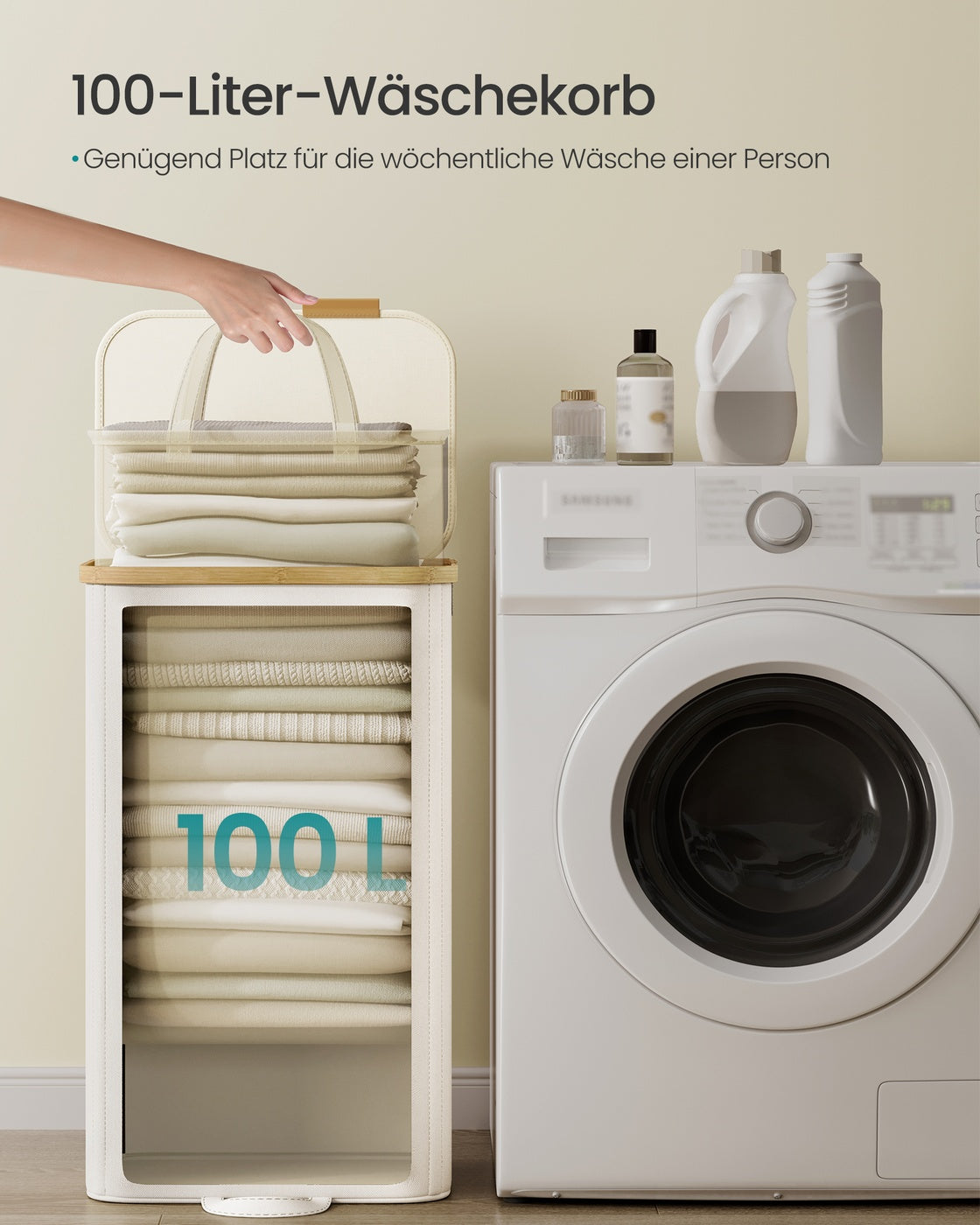 Wäschekorb 100L - Mit Deckel Und Herausnehmbarem Wäschesack - Für Schlafzimmer Oder Badezimmer