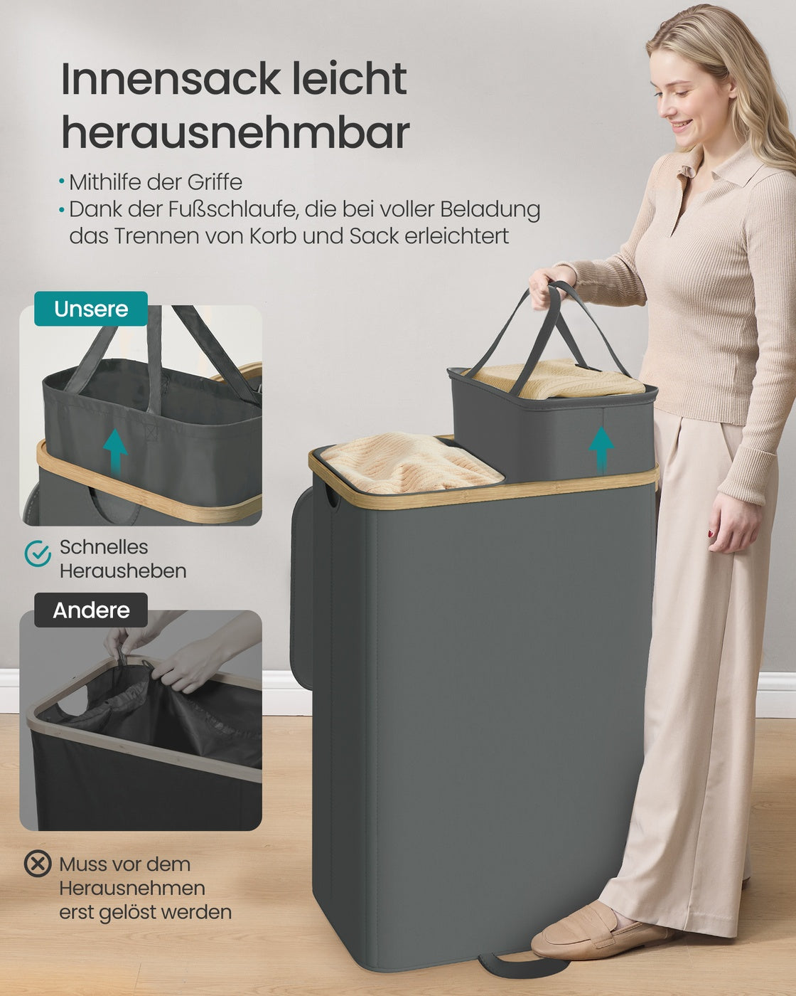Wäschekorb 150 L Mit Deckel - Mit Herausnehmbarem Wäschesack - Für Waschraum Und Schlafzimmer