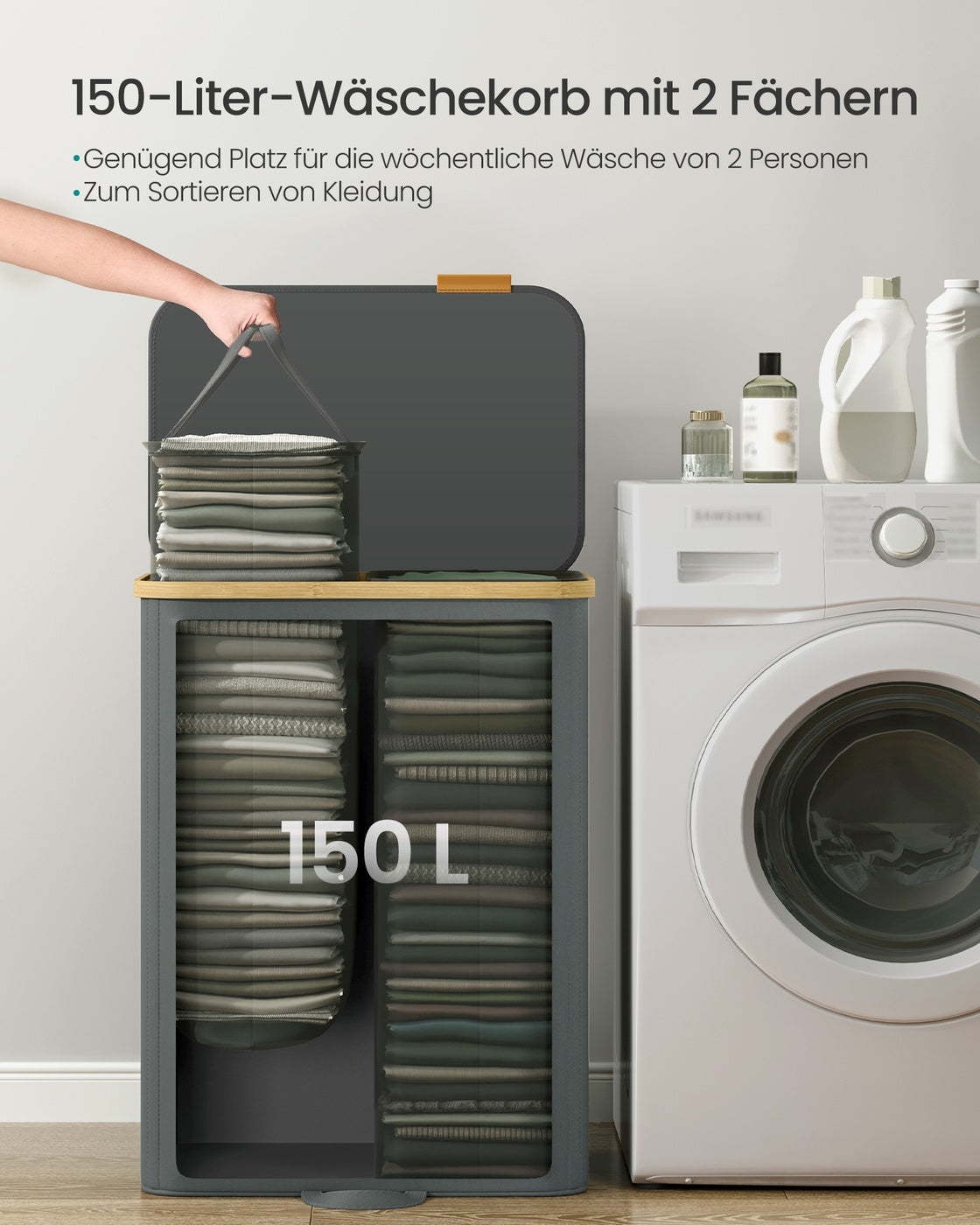 Wäschekorb 150 L Mit Deckel - Mit Herausnehmbarem Wäschesack - Für Waschraum Und Schlafzimmer