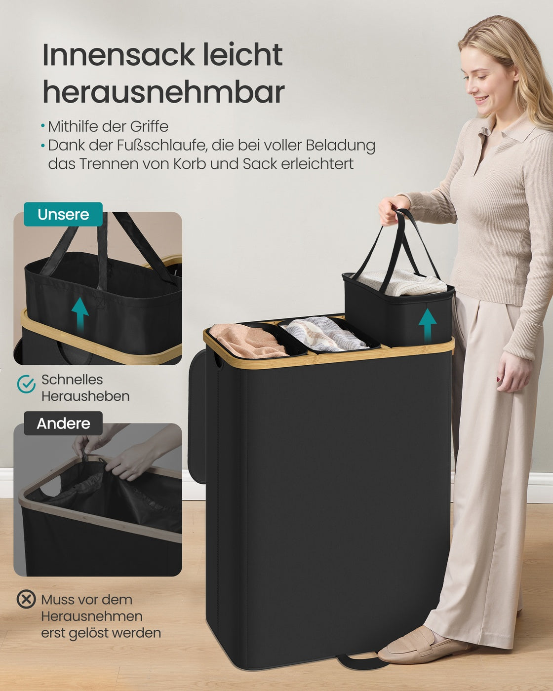 Wäschekorb 170 L Mit Deckel - Mit Herausnehmbarem Wäschesack - Für Waschraum Und Schlafzimmer