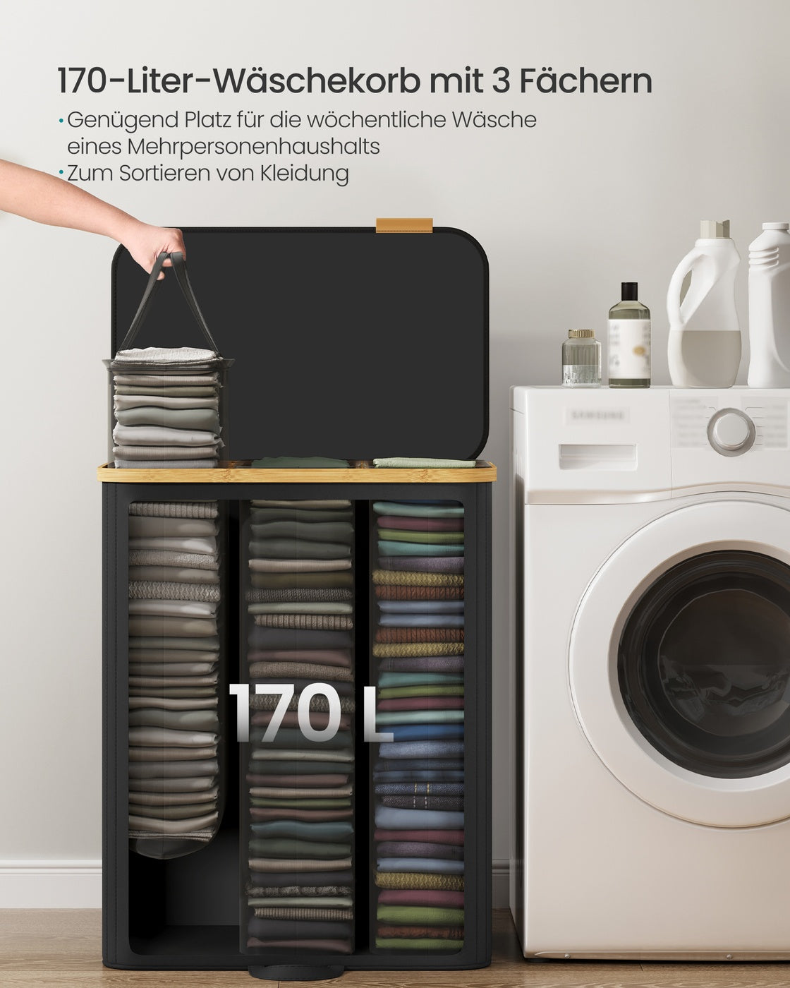 Wäschekorb 170 L Mit Deckel - Mit Herausnehmbarem Wäschesack - Für Waschraum Und Schlafzimmer