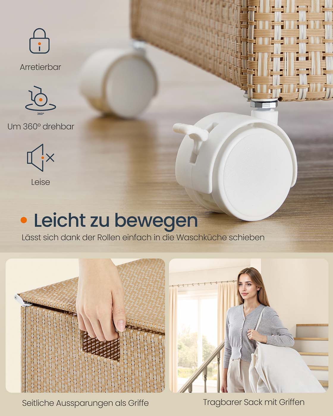 Wäschekorb mit 2 Fächern – 100 L – mit Rollen, Deckel und herausnehmbarem Wäschesack – Rattanoptik – Naturbeige