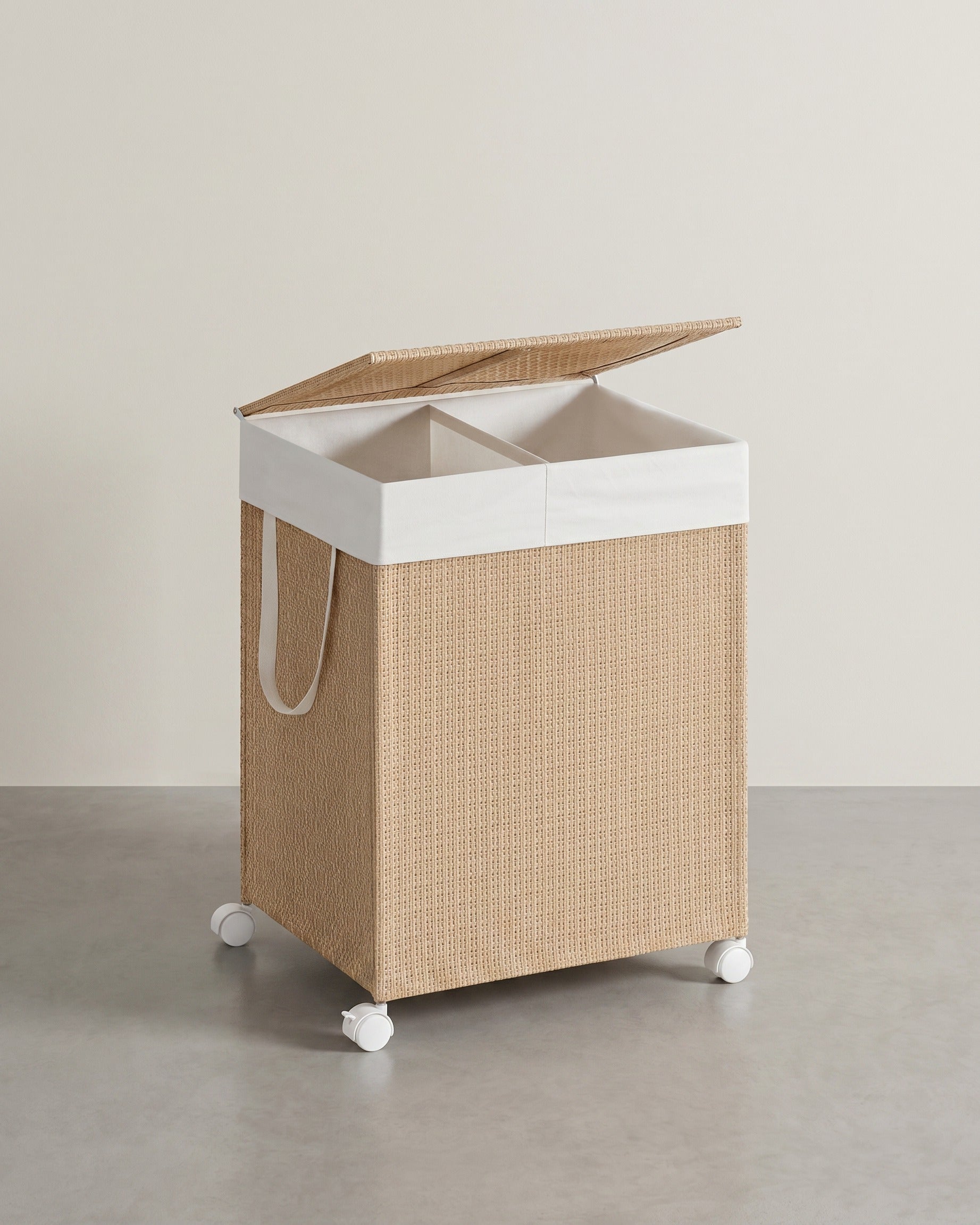 Wäschekorb mit 2 Fächern – 100 L – mit Rollen, Deckel und herausnehmbarem Wäschesack – Rattanoptik – Naturbeige