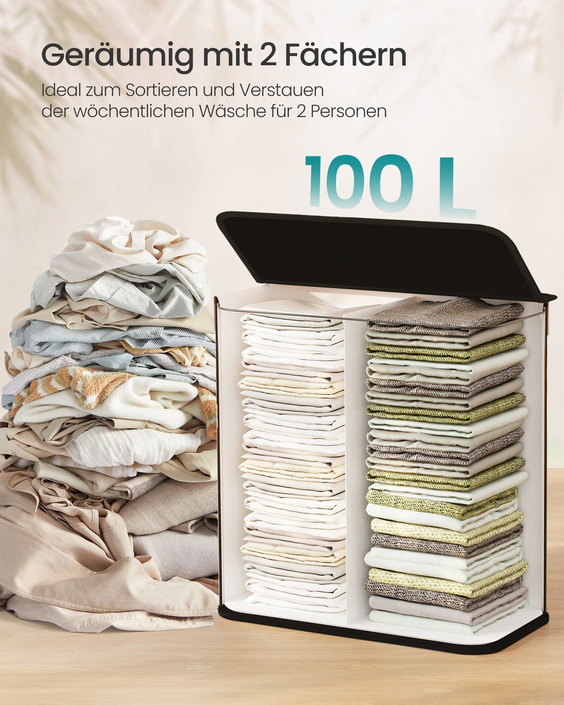 Bambus Wäschekorb Mit Deckel - Wäschesortierer 2 Fächer - 100 Liter Fassungsvermögen