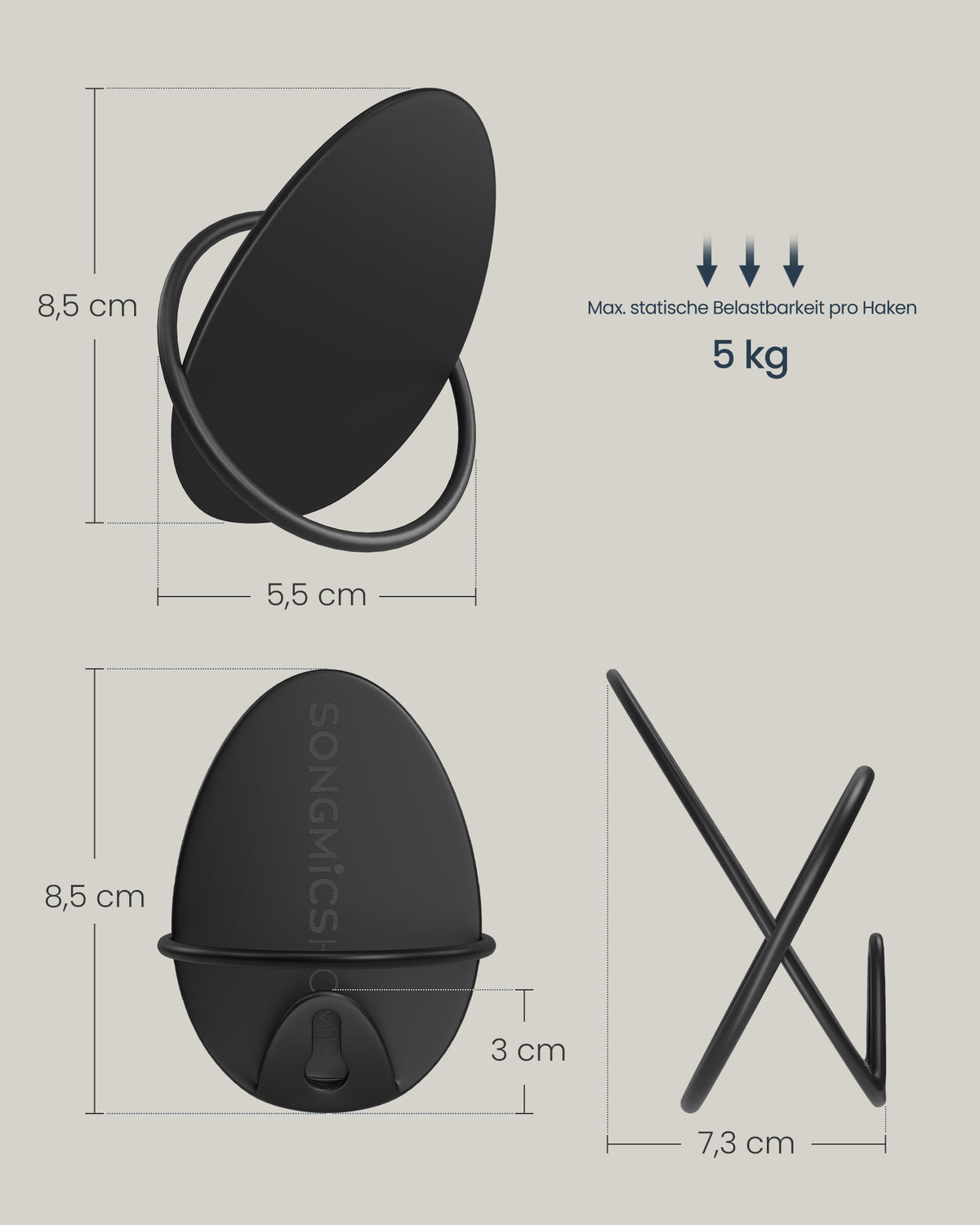 Wandhaken – Eiförmiges Design – Wandmontage – Stahl – Maximale Tragkraft 5 kg