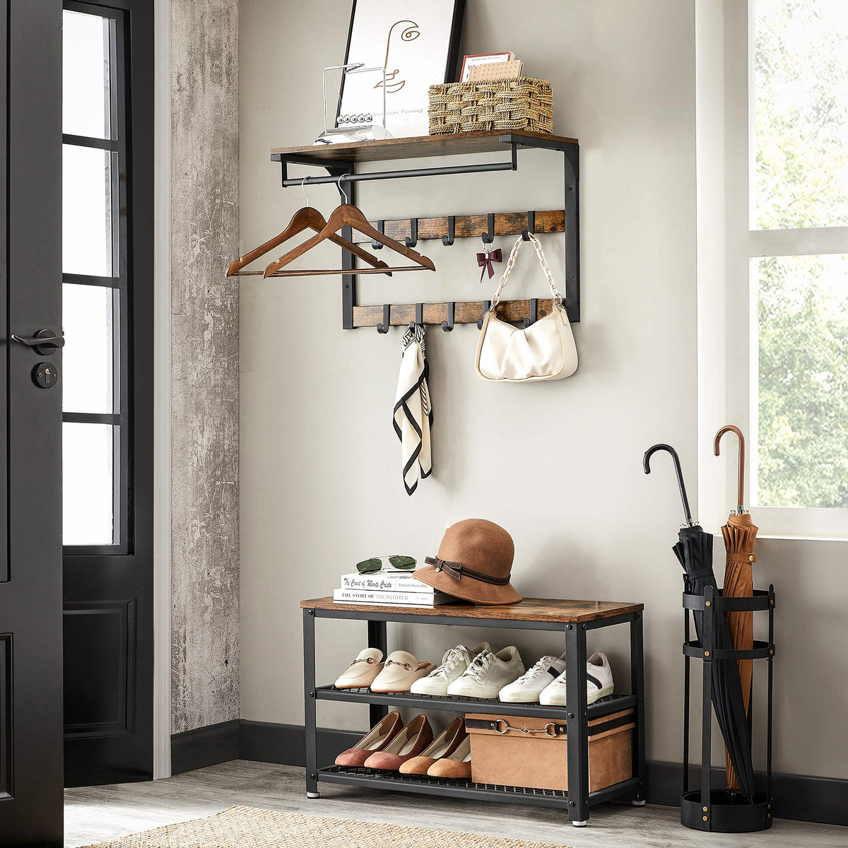 Wandgarderobe – Industriedesign – Mit Ablage, Kleiderstange und 10 Haken – Platzsparende Wandgarderobe