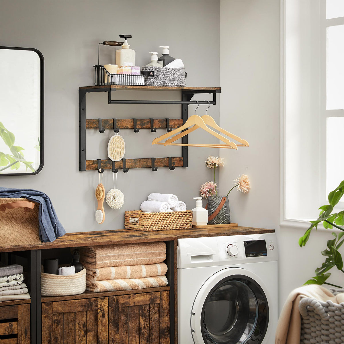 Wandgarderobe – Industriedesign – Mit Ablage, Kleiderstange und 10 Haken – Platzsparende Wandgarderobe