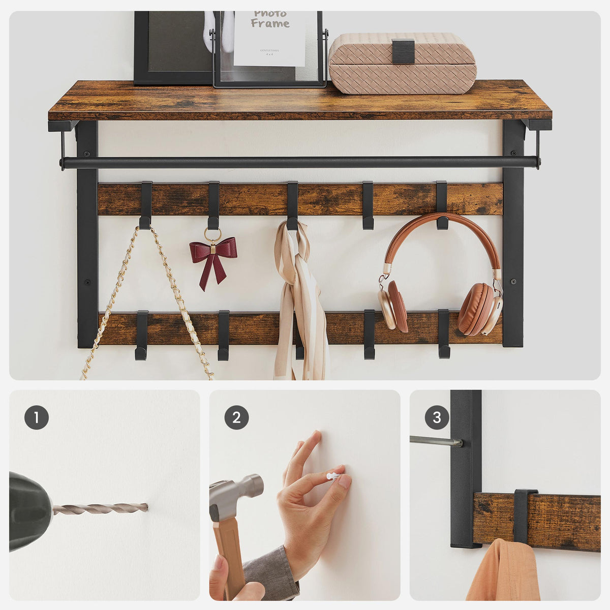 Wandgarderobe – Industriedesign – Mit Ablage, Kleiderstange und 10 Haken – Platzsparende Wandgarderobe