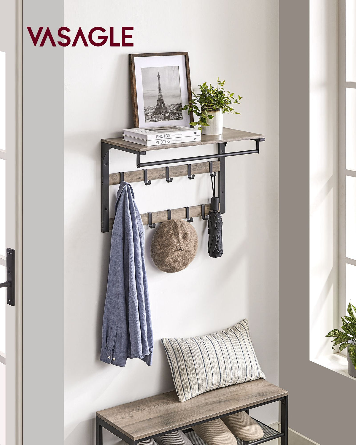 Wandgarderobe – Industriedesign – Mit Ablage, Kleiderstange und 10 Haken – Platzsparende Wandgarderobe
